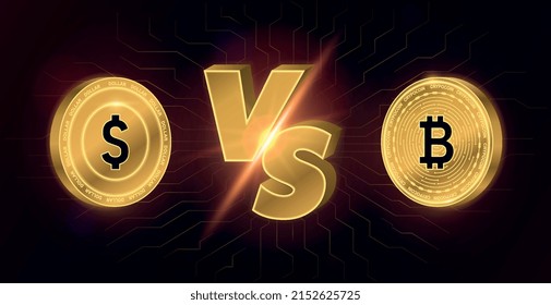 Bitcoin vs dollar. Cryptocurrency and funds for investment. Financial literacy, blockchain, modern technologies and innovations. Poster or banner for website. Cartoon isometric vector illustration