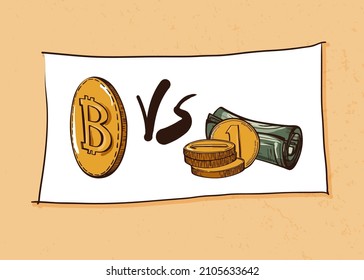 Bitcoin versus dólar. Concepto de finanzas y banca. Ilustración vectorial en estilo doodle.