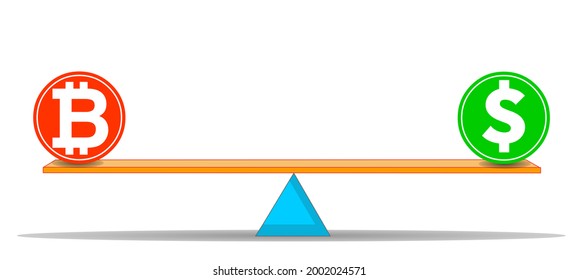 Bitcoin Vs Dollar On Scale. Real Money And Crypto Money Symbols Balancing On The Leverage. Finance, Technology , Blockchain Versus. Illustration Vector