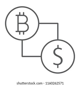 Bitcoin vs dollar thin line icon, finance and money, currency sign, vector graphics, a linear pattern on a white background, eps 10.