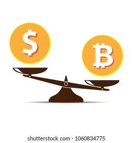 Bitcoin vs dollar vector concept with balance scales. Flat design vector illustration isolated on white background.