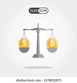 Bitcoin vs dollar vector concept with balance scales. Flat design vector illustration