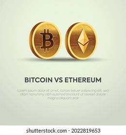 bitcoin vs Ethereum banner for facebook and twitter. bitcoin and Ethereum golden coins isolated with plain light green background. cryptocurrency concepts for social media posts.