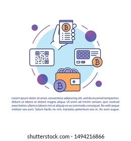 Bitcoin wallet article page vector template. Virtual money payment. Banking app service. Brochure, magazine, booklet design element with linear icons and text. Print design. Concept illustrations