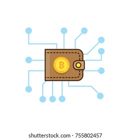 Bitcoin and the wallet. Coin drops in purse. Vector illustration. Brown purse with gold cryptocurrency symbol. Mining concept