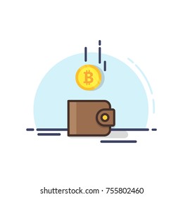 Bitcoin and the wallet. Coin drops in purse. Vector illustration. Brown purse with gold cryptocurrency symbol. Mining concept