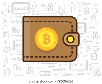 Bitcoin and the wallet. Coin drops in purse. Most valuable cryptocurrency with huge market capitalization. Mining concept