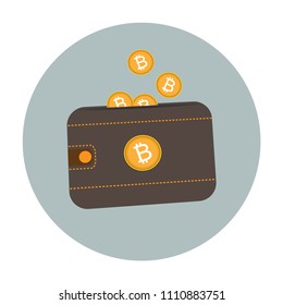 Bitcoin wallet with coins flat vector illustration. Money falling into a purse. Online banking, e-commerce icon. Digital currency of future sign. Modern cryptocurrency technology. Transaction symbol