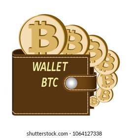 bitcoin wallet with coins on a white background , crypto currency in the wallet ,bitcoin coins in the wallet , design concept 