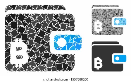 Bitcoin wallet composition of ragged parts in variable sizes and color hues, based on Bitcoin wallet icon. Vector rough parts are organized into mosaic.