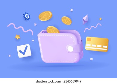 Ilustración 3D del concepto de cartera bitcoin. Composición de iconos con billetera electrónica, tarjeta de crédito y monedas. Transacciones y transacciones de criptodivisa, minería de bitcoin. Ilustración vectorial para diseño web moderno