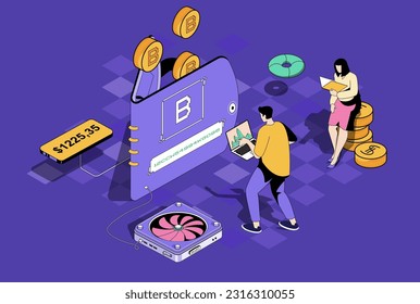 Bitcoin wallet concept in 3d isometric design. Man and woman mining cryptocurrencies, buying or selling virtual money, earning profit. Vector illustration with isometry people scene for web graphic