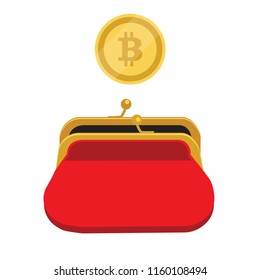 Bitcoin wallet concept. Golden bitcoin coin red purse