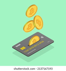 Billetera Bitcoin. Cartera criptográfica. Cuenta de cifrado. Monedas de oro y tarjetas de crédito. Ilustración vectorial.