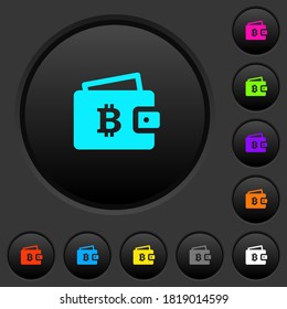 Bitcoin-Brieftasche, dunkle Drucktasten mit lebhaften Farbikonen auf dunkelgrauem Hintergrund