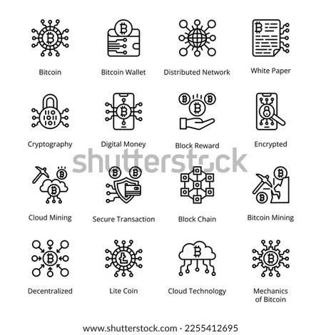 Bitcoin, Bitcoin Wallet, Distributed Network, White Paper, Cloud Mining, Secure Transaction, Block Chain, Bitcoin Mining, Cloud Technology, Mechanics of Bitcoin, Cryptography,Outline Icons - Stroked, 