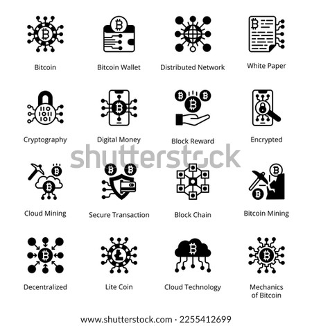 Bitcoin, Bitcoin Wallet, Distributed Network, White Paper, Cloud Mining, Secure Transaction, Block Chain, Bitcoin Mining, Cloud Technology, Mechanics of Bitcoin, Cryptography,Glyph Icons - Solid