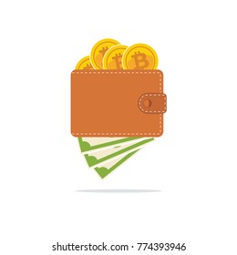 Bitcoin wallet with dollars in flat style. Vector illustration.