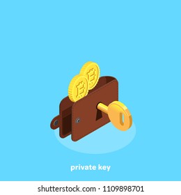 bitcoin wallet and encrypted key on a blue background, isometric image