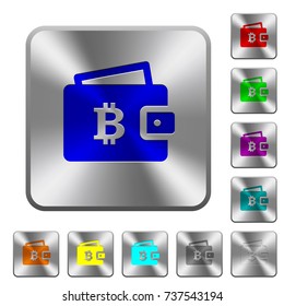 Bitcoin wallet engraved icons on rounded square glossy steel buttons