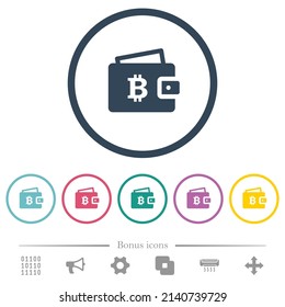 Bitcoin wallet flat color icons in round outlines. 6 bonus icons included.