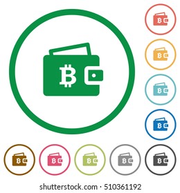 Bitcoin wallet flat color icons in round outlines