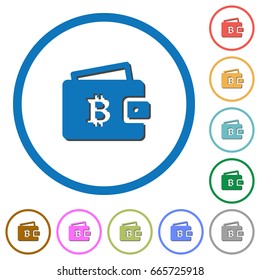 Bitcoin wallet flat color vector icons with shadows in round outlines on white background