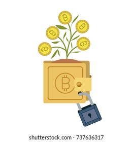 bitcoin wallet growing with secure padlock vector illustration