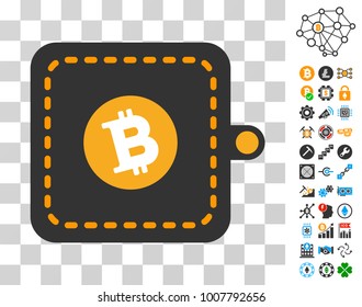 Bitcoin Wallet icon with bonus bitcoin mining and blockchain clip art. Vector illustration style is flat iconic symbols. Designed for cryptocurrency ui toolbars.