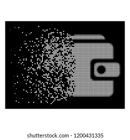 Bitcoin wallet icon with disappearing effect on black background. White fragments are combined into vector disappearing halftone Bitcoin wallet pictogram.