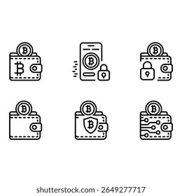Bitcoin Wallet Icons Secure Cryptocurrency Payment Mobile App and Blockchain Technology Line Art Graphics