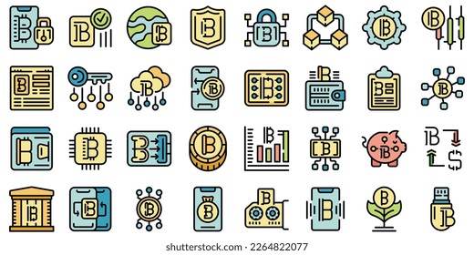 Bitcoin wallet icons set outline vector. Money wallet. App cash color flat on white