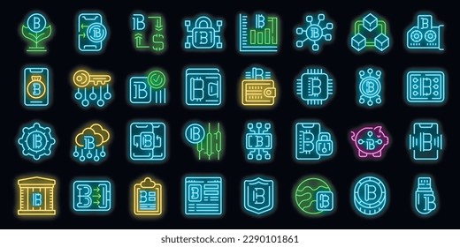 Bitcoin wallet icons set outline vector. Money wallet. App cash neon color on black