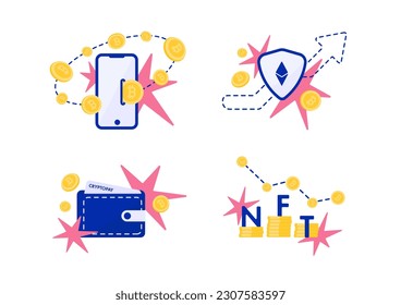 Ilustración de la cartera de bitcoin. Aplicaciones de criptodivisa para pago con dinero digital. Conjunto de ilustraciones. Ilustración vectorial plana moderna