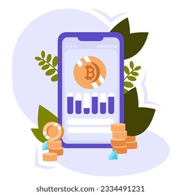 Bitcoin wallet illustration. Mobile application for cryptocurrency exchange, transaction process on smartphone screen. Modern flat vector illustration