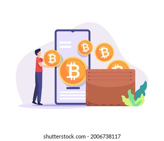 Bitcoin wallet illustration. Payment method with digital money, Cryptocurrency mining concept. Man holding bitcoin coins, Digital currency wallet, Mobile payments. Vector illustration in a flat style