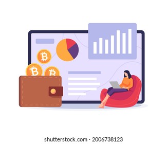 Ilustración de la cartera de bitcoin. Método de pago con dinero digital, concepto de minería de criptodivisa. Mujer sentada en el sofá con portátil, billetera digital de divisas. Ilustración vectorial en un estilo plano