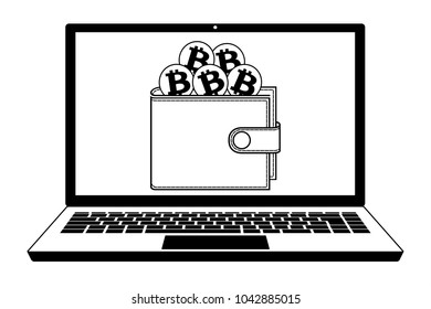 bitcoin wallet in the laptop, design concept black and white, crypto currensy in a wallet.
