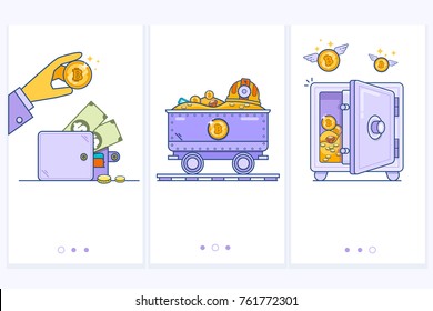 Bitcoin wallet logo with bank card. Trolley with money.Safebox with bitcoins.Business concept illustration.Modern thin linear stroke vector icons.
