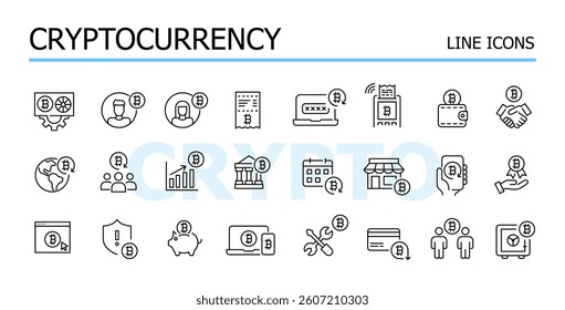 Bitcoin wallet and mining. Cryptocurrency transactions and payment. Vector icons set