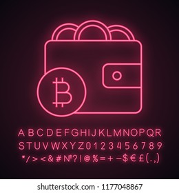 Bitcoin wallet neon light icon. Digital money. E-payment. Glowing sign with alphabet, numbers and symbols. Online banking. Cryptocurrency payment. Vector isolated illustration
