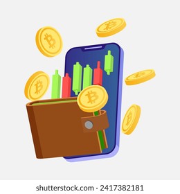 Bitcoin, Wallet, Smartphone, Candlestick pattern 3d isometric illustration for Crypto exchange or trade