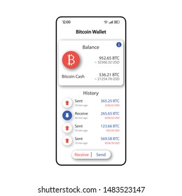 Bitcoin wallet smartphone interface vector template. Mobile app page white design layout. Cryptocurrency organizer screen. Flat UI for application. Monetary transactions phone display
