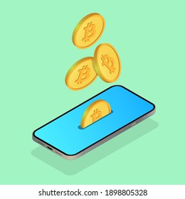 Bitcoin wallet in a smartphone. Mobile cryptocurrency mining. Cryptocurrency transactions. Vector illustration in isometric style.