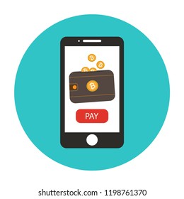 Bitcoin wallet symbol on screen of a smartphone flat vector illustration. Shopping with bitcoins online. Pay per click by virtual currency symbol. Cryptocurrency technology pyment. Mobile banking