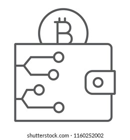 Bitcoin wallet thin line icon, money and finance, cash sign, vector graphics, a linear pattern on a white background, eps 10.
