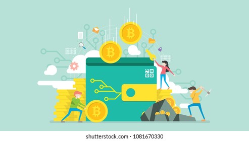 Bitcoin Wallet Tiny People Character Concept Vector Illustration, Suitable For Wallpaper, Banner, Background, Card, Book Illustration, Web Landing Page, and Other Related Creative