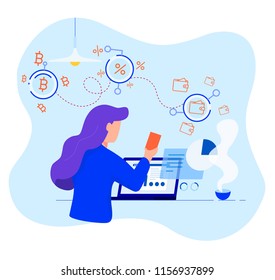 Bitcoin Wallet Transaction - sending bitcoins into online digital wallet. Social network web site surfing concept illustration of girl using mobile gadgets such as smartphone and laptop, with graphics