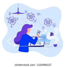 Bitcoin Wallet Transaction - sending bitcoins into online digital wallet. Social network web site surfing concept illustration of girl using mobile gadgets such as smartphone and laptop, with graphics