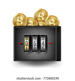 Bitcoin Wallet Vector. Abstract Technology Bitcoin. Cryptography Finance Coin Icons. Locked With Combination Lock. Modern Finance Secure Concept. Isolated Illustration